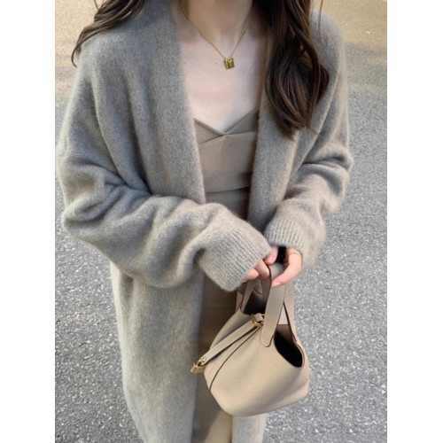 慵懶感小香風過膝中長款針織開衫女寬松甜美軟糯溫柔純色毛衣外套