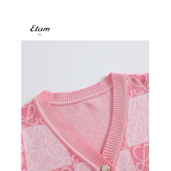 艾格女裝小香風格紋V領提花針織衫女甜美開衫毛衣外套長袖設計感