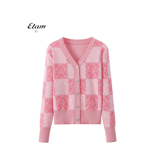 艾格女裝小香風格紋V領提花針織衫女甜美開衫毛衣外套長袖設計感