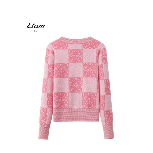 艾格女裝小香風格紋V領提花針織衫女甜美開衫毛衣外套長袖設計感