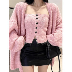 溫柔風軟糯針織開衫外套女秋冬韓系穿搭兩件套毛衣外搭中長款套裝