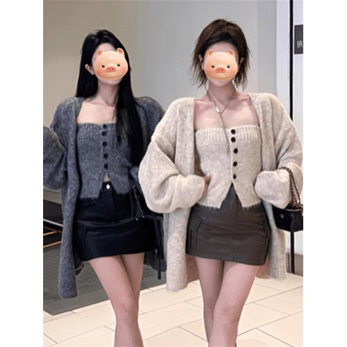 溫柔風軟糯針織開衫外套女秋冬韓系穿搭兩件套毛衣外搭中長款套裝