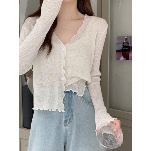 防曬開衫外套女秋季薄款白色外搭小披肩長袖冰絲針織上衣氣質罩衫