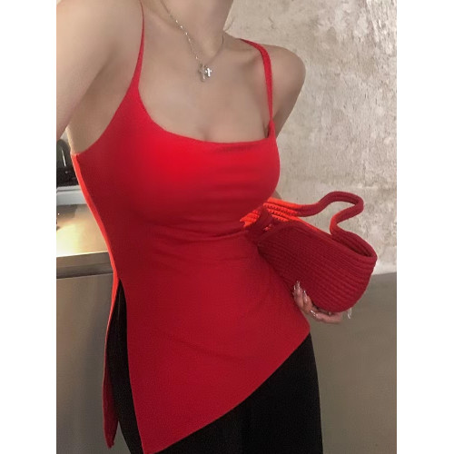 輕熟風性感白色吊帶背心女大碼黑色莫代爾帶胸墊修身打底開叉上衣