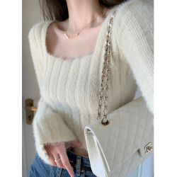 秋冬修身白色方領針織衫女洋氣短款上衣緊身內搭打底毛衣早秋長袖