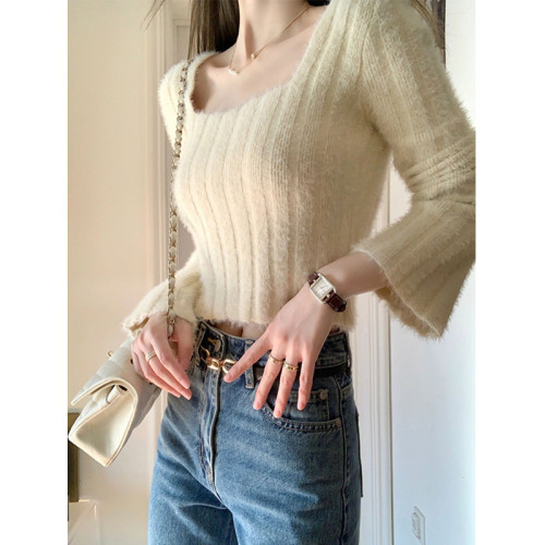 秋冬修身白色方領針織衫女洋氣短款上衣緊身內搭打底毛衣早秋長袖