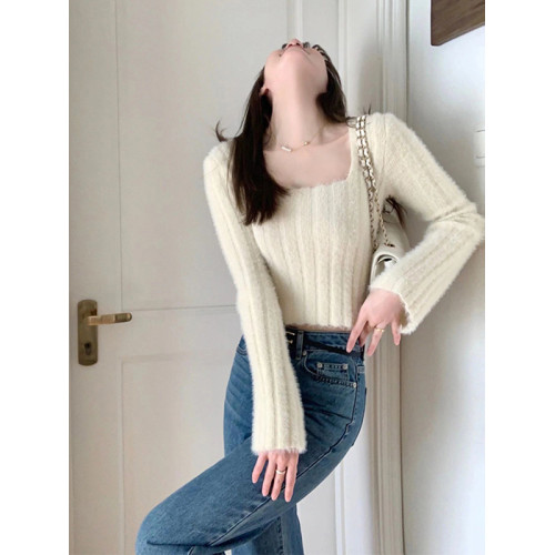 秋冬修身白色方領針織衫女洋氣短款上衣緊身內搭打底毛衣早秋長袖