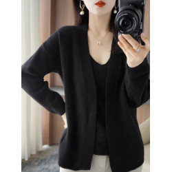 鄂爾多斯市羊毛衫2025純色兩件套針織開衫秋冬寬松長袖毛衣外套女