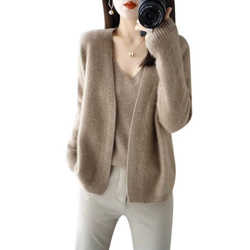 鄂爾多斯市羊毛衫2025純色兩件套針織開衫秋冬寬松長袖毛衣外套女