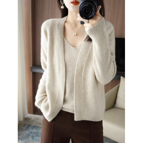 鄂爾多斯市羊毛衫2025純色兩件套針織開衫秋冬寬松長袖毛衣外套女