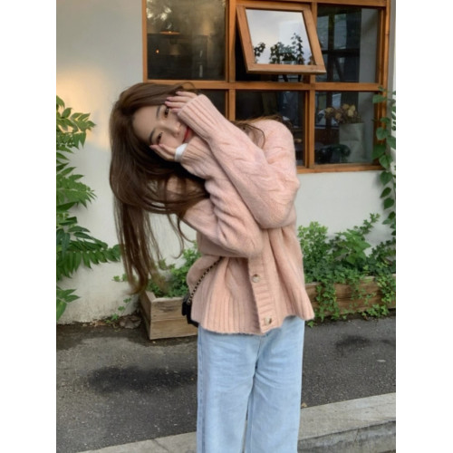 慵懶溫柔風粉色麻花小衆毛衣外套女秋冬韓系寬松軟糯針織開衫上衣