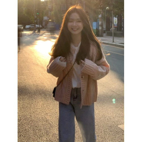 慵懶溫柔風粉色麻花小衆毛衣外套女秋冬韓系寬松軟糯針織開衫上衣