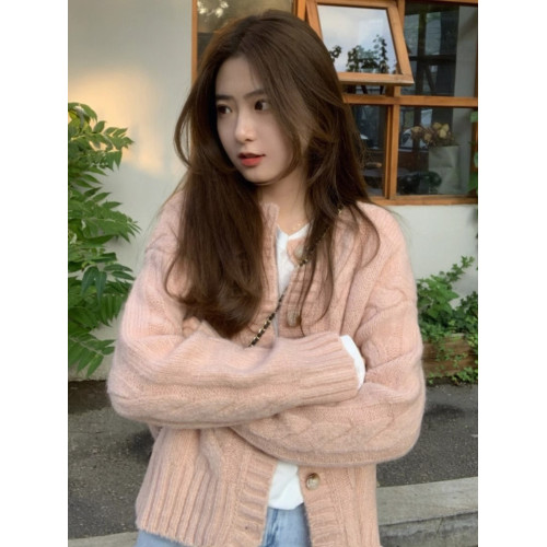 慵懶溫柔風粉色麻花小衆毛衣外套女秋冬韓系寬松軟糯針織開衫上衣