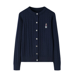 學院風針織外套春秋款小熊刺綉毛衣韓版修身外搭長袖坑條圓領上衣