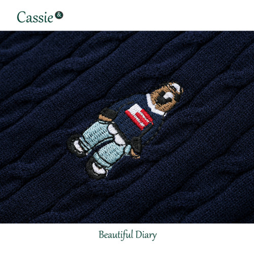 學院風針織外套春秋款小熊刺綉毛衣韓版修身外搭長袖坑條圓領上衣