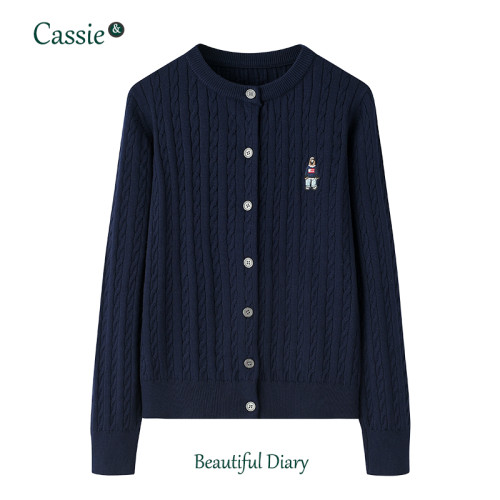 學院風針織外套春秋款小熊刺綉毛衣韓版修身外搭長袖坑條圓領上衣