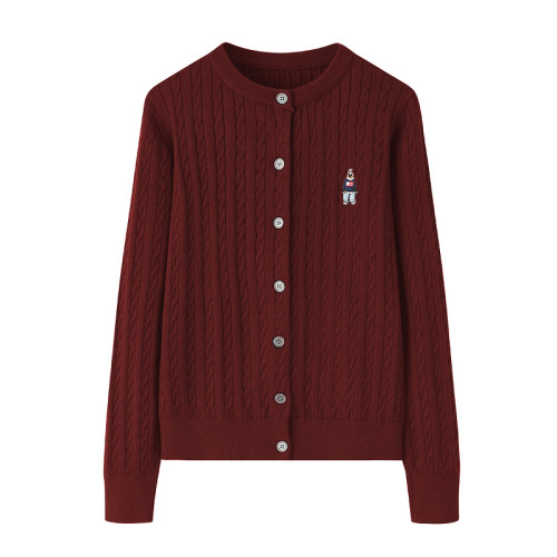 學院風針織外套春秋款小熊刺綉毛衣韓版修身外搭長袖坑條圓領上衣