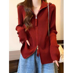 早春新款拉鍊翻領坑條外穿毛衣開衫女秋冬韓版慵懶風爆款針織上衣