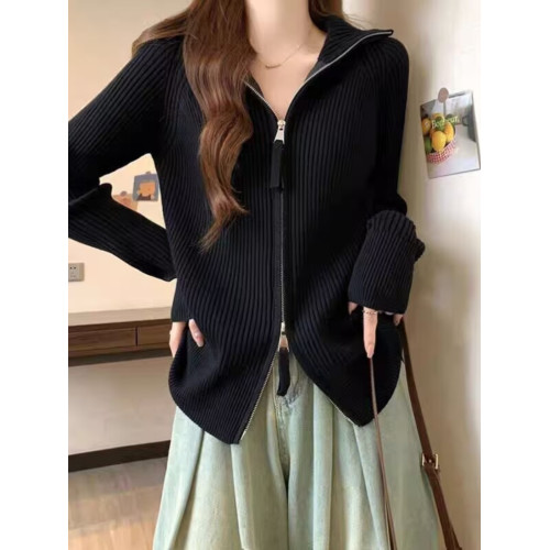 早春新款拉鍊翻領坑條外穿毛衣開衫女秋冬韓版慵懶風爆款針織上衣