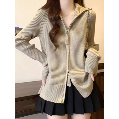 早春新款拉鍊翻領坑條外穿毛衣開衫女秋冬韓版慵懶風爆款針織上衣