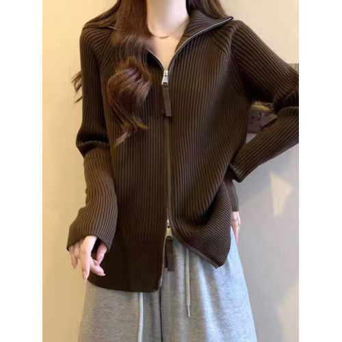 早春新款拉鍊翻領坑條外穿毛衣開衫女秋冬韓版慵懶風爆款針織上衣