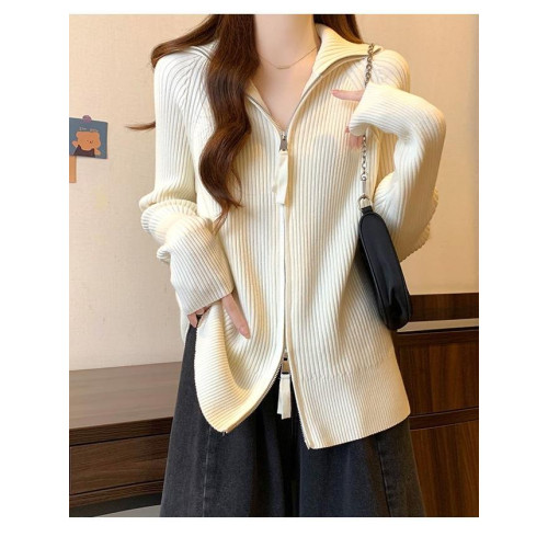 早春新款拉鍊翻領坑條外穿毛衣開衫女秋冬韓版慵懶風爆款針織上衣