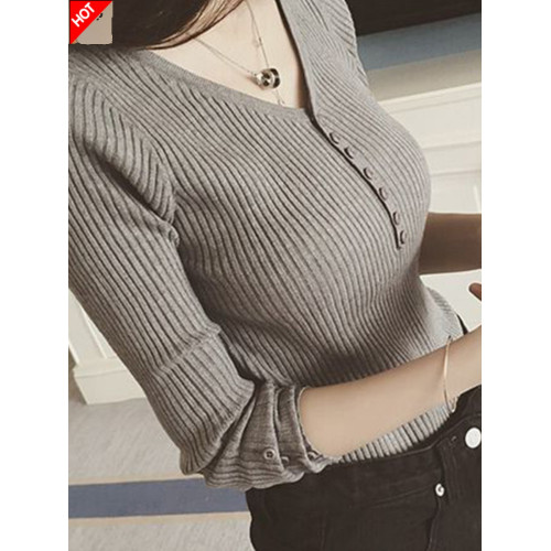 高級感純欲針織v領釦上衣女秋冬新款內搭長袖毛衣百搭洋氣打底衫