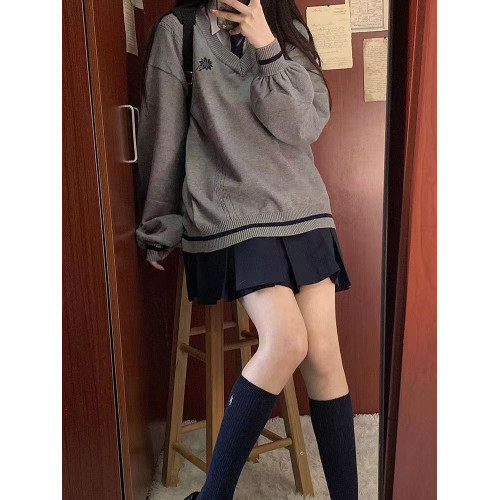 倫敦往事毛衣 軟糯V領刺綉套頭JK製服 校供學院風校供感直筒長袖