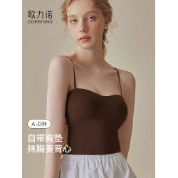 歌力諾小吊帶女大胸聚攏咖色內搭美背心式內衣帶胸墊一體大碼文胸