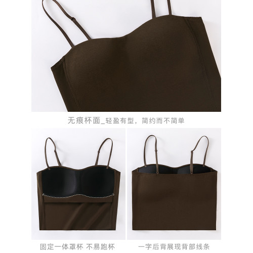 歌力諾小吊帶女大胸聚攏咖色內搭美背心式內衣帶胸墊一體大碼文胸