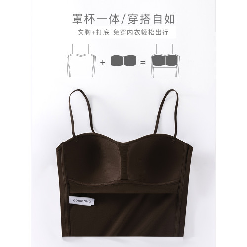 歌力諾小吊帶女大胸聚攏咖色內搭美背心式內衣帶胸墊一體大碼文胸