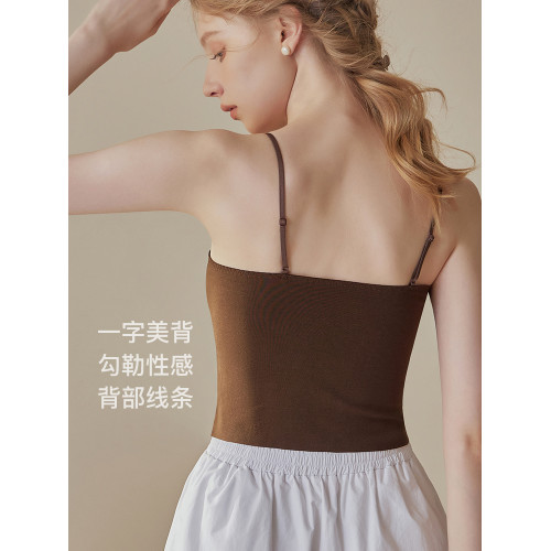 歌力諾小吊帶女大胸聚攏咖色內搭美背心式內衣帶胸墊一體大碼文胸