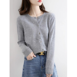 2024秋季新款針織開衫女春秋外搭寬松短款休閒灰色圓領毛衣外套