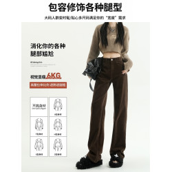 美拉德燈芯絨褲子女2025新款秋冬咖啡棕色條絨窄版直筒濶腿休閒褲