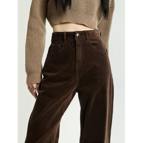 美拉德燈芯絨褲子女2025新款秋冬咖啡棕色條絨窄版直筒濶腿休閒褲