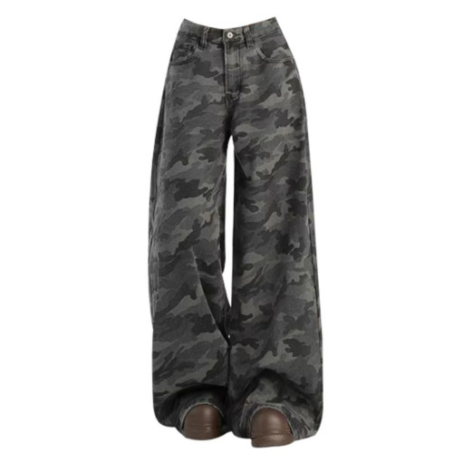 美式高街工裝濶腿迷彩牛仔褲女秋季復古高腰寬松顯瘦直筒休閒褲子