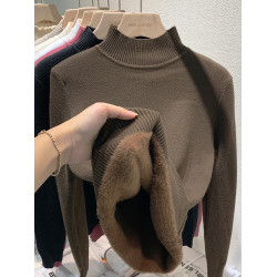 加絨水貂絨半高領毛衣女秋冬新款加厚保暖上衣一體絨打底衫內搭潮