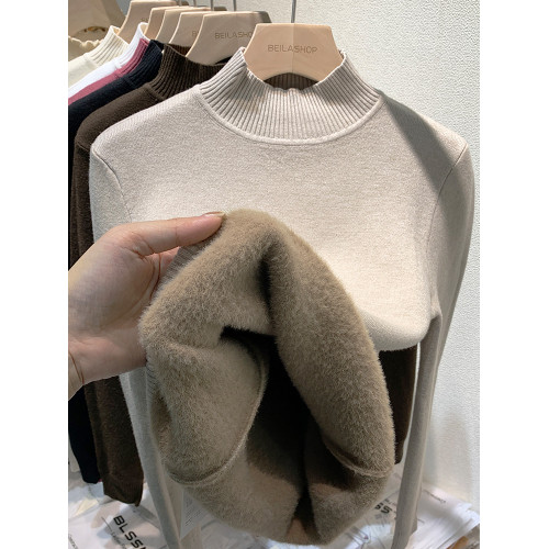 加絨水貂絨半高領毛衣女秋冬新款加厚保暖上衣一體絨打底衫內搭潮