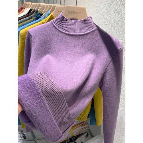 加絨水貂絨半高領毛衣女秋冬新款加厚保暖上衣一體絨打底衫內搭潮