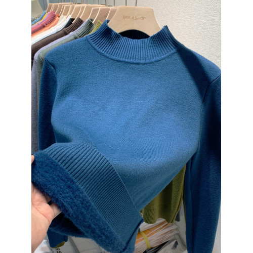 加絨水貂絨半高領毛衣女秋冬新款加厚保暖上衣一體絨打底衫內搭潮