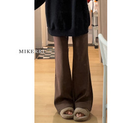 咖色微喇運動休閒褲子女秋冬加絨大碼胖mm顯瘦梨型身材喇叭衛褲子