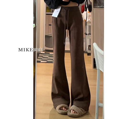 咖色微喇運動休閒褲子女秋冬加絨大碼胖mm顯瘦梨型身材喇叭衛褲子