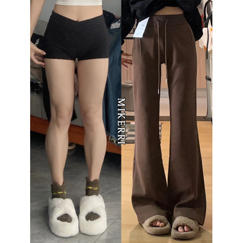 咖色微喇運動休閒褲子女秋冬加絨大碼胖mm顯瘦梨型身材喇叭衛褲子