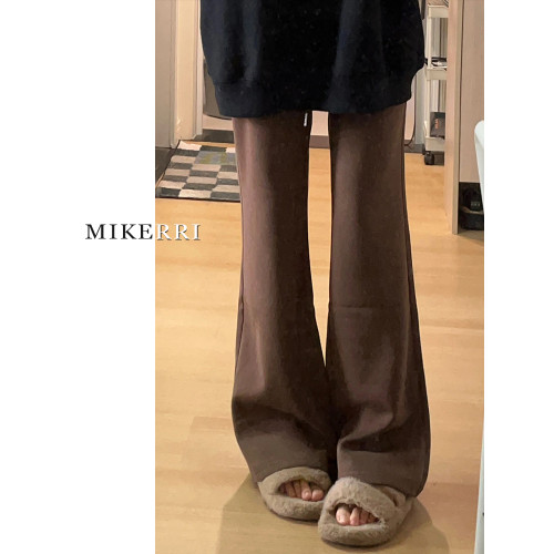 咖色微喇運動休閒褲子女秋冬加絨大碼胖mm顯瘦梨型身材喇叭衛褲子