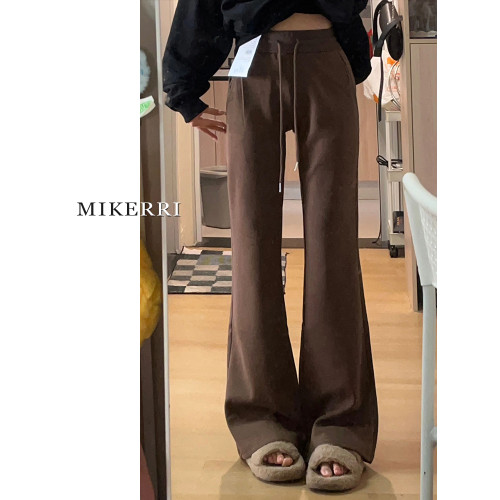 咖色微喇運動休閒褲子女秋冬加絨大碼胖mm顯瘦梨型身材喇叭衛褲子