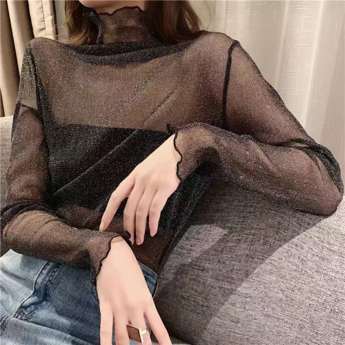 大碼胖妹妹網紗蕾絲曡穿打底衫女春秋薄款長袖高領內搭長袖上衣潮 大碼胖妹妹網紗蕾絲曡穿打底衫女春秋薄款長袖高領內搭長袖上衣潮