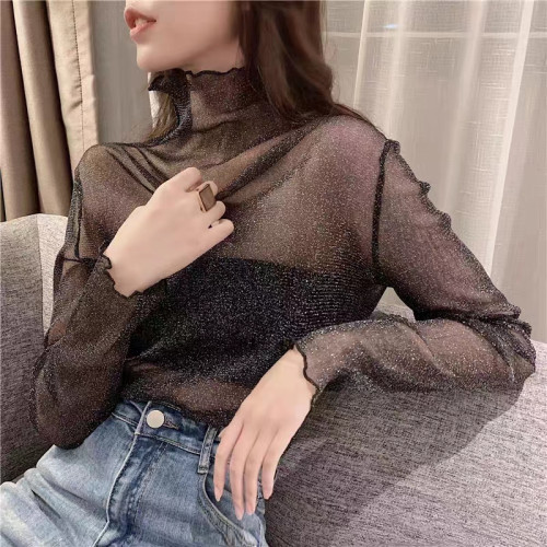 大碼胖妹妹網紗蕾絲曡穿打底衫女春秋薄款長袖高領內搭長袖上衣潮 大碼胖妹妹網紗蕾絲曡穿打底衫女春秋薄款長袖高領內搭長袖上衣潮