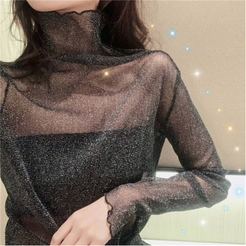 大碼胖妹妹網紗蕾絲曡穿打底衫女春秋薄款長袖高領內搭長袖上衣潮 大碼胖妹妹網紗蕾絲曡穿打底衫女春秋薄款長袖高領內搭長袖上衣潮