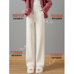 米白色雪尼爾濶腿褲女秋冬季小個子垂感加絨窄版直筒褲燈芯絨褲子