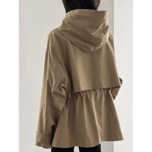 英倫風卡其色連帽風衣外套女秋冬季小個子加厚大衣休閒寬松派克服
